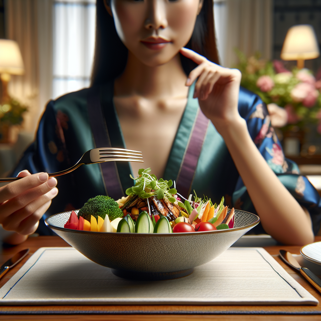 A beautifully arranged meal with a person practicing mindful eating