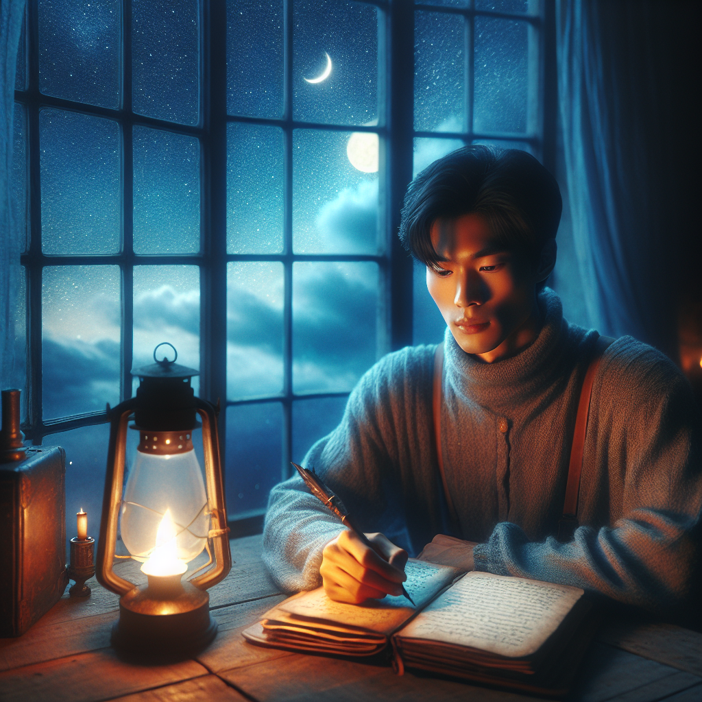 A person reflecting in the evening with a journal