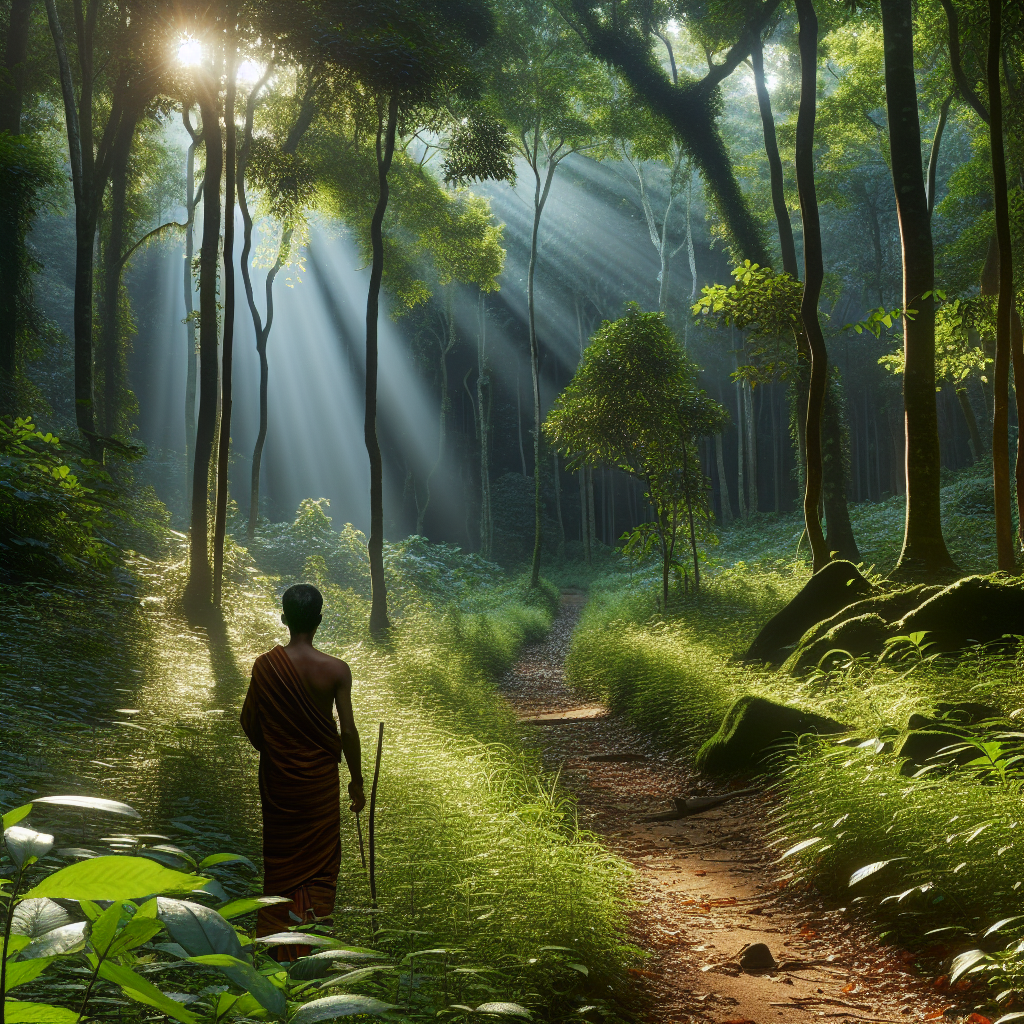 A lush forest with sunlight streaming through the canopy, creating dappled shadows on a serene woodland path. A person is slowly walking through the forest, fully immersed in the natural surroundings.