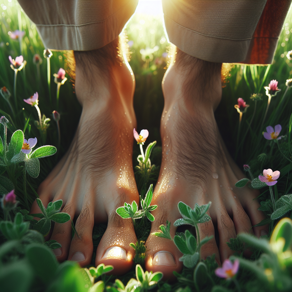 A close-up of bare feet gently pressing into a vibrant green patch of grass, surrounded by tiny wildflowers. The image portrays a sense of peace and connection to the earth.