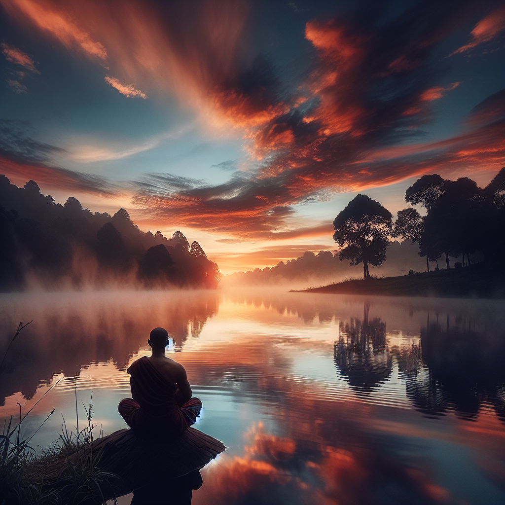 A tranquil scene of a person sitting cross-legged at the edge of a calm lake, with mist rising from the water's surface during dawn. The sunrise reflects off the water, creating a serene and contemplative atmosphere.