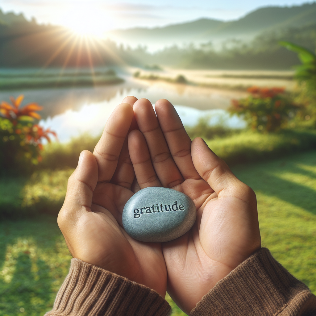 A close-up shot of a person's hand gently holding a small, smooth stone inscribed with the word 'Gratitude', with a serene outdoor background of greenery and morning sunlight.