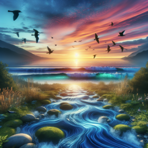 A serene landscape at sunrise with birds in the sky, a flowing brook, and calm ocean waves in the background. The scene should evoke a sense of peacefulness and connection to nature, reflecting the article's introduction about the healing power of natural sounds.