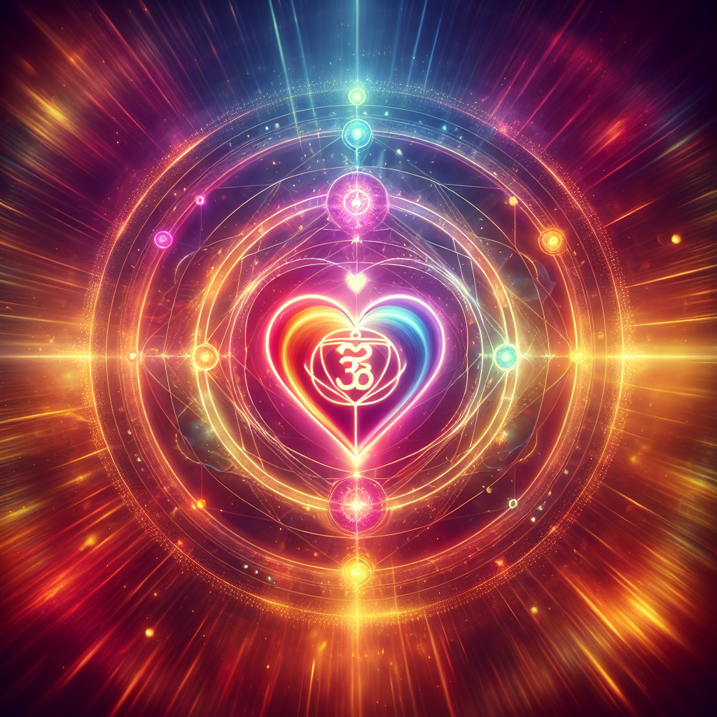 A heart chakra symbol surrounded by warm, glowing light