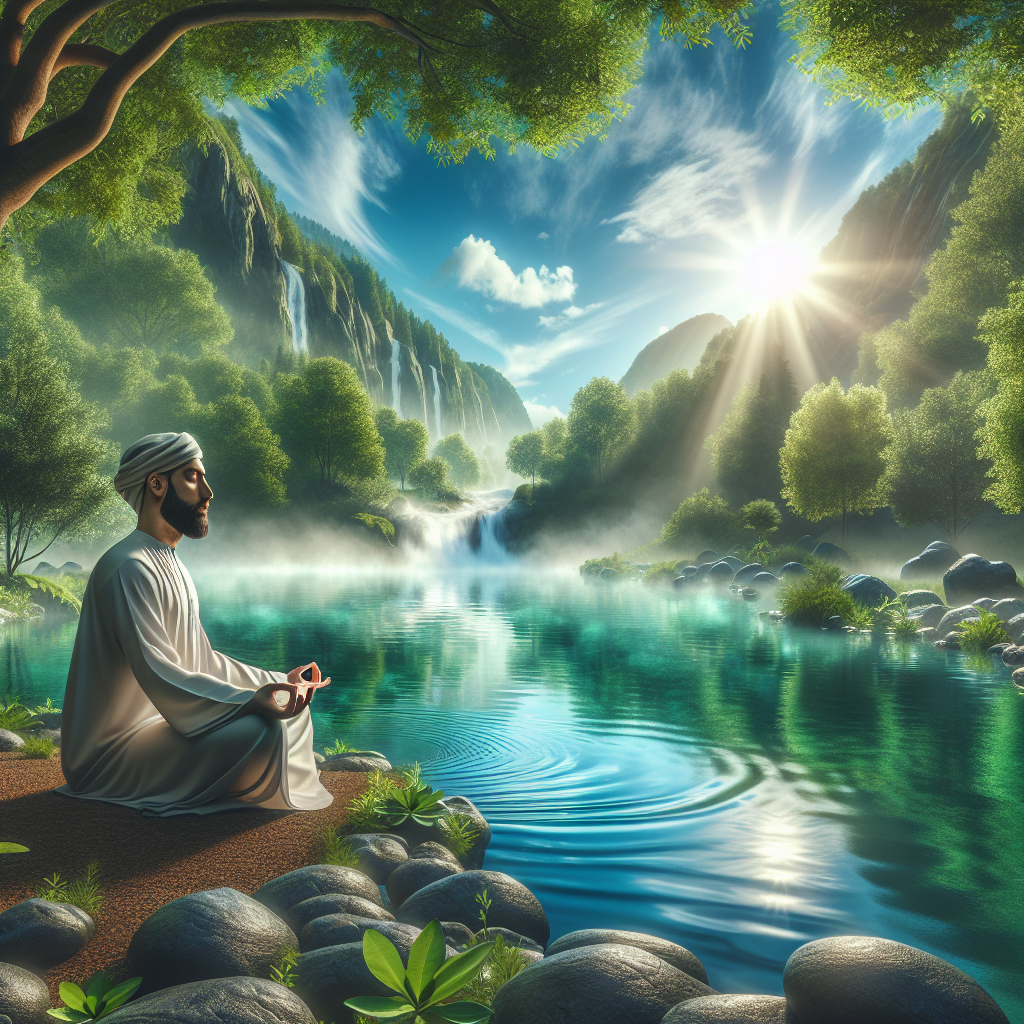 A calming nature scene with a person meditating near a serene lake, representing the peaceful and focused state that breathwork can bring.