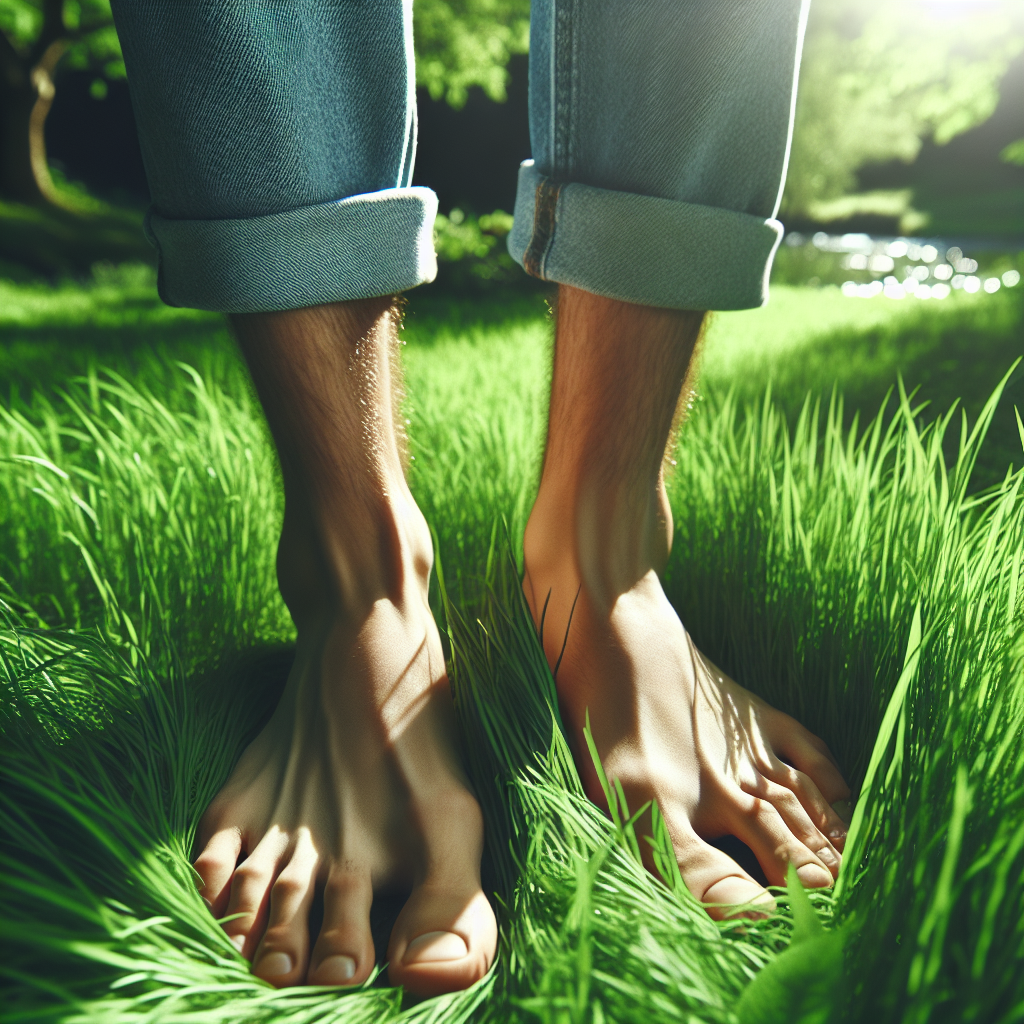 A serene scene of bare feet standing on lush green grass in a natural setting
