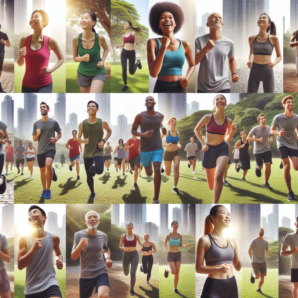 A vibrant image of a group of people jogging in a park, highlighting the increased physical activity and better health that grateful individuals often experience.
