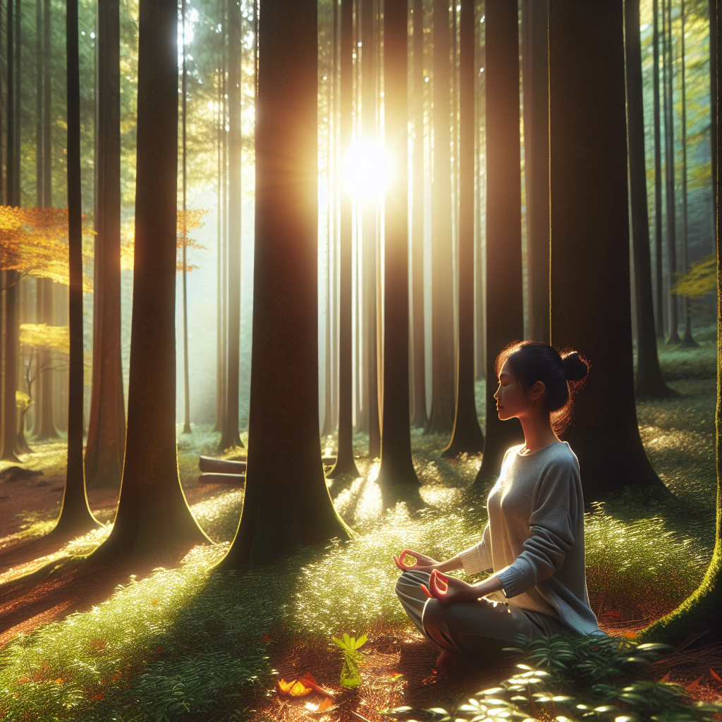 A serene scene of a person sitting cross-legged in meditation, surrounded by a natural forest setting. Soft sunlight filters through the trees, highlighting the tranquility and solitude of the moment.