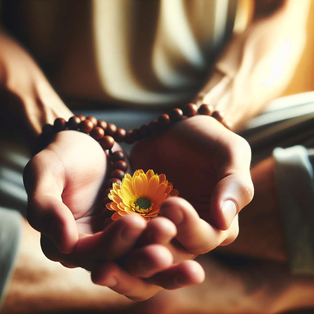 A close-up of hands in a mindful gesture, such as gently holding a flower or Buddhist prayer beads, to symbolize the shift in attention to the present moment. The background is softly blurred to emphasize the focus on the hands.