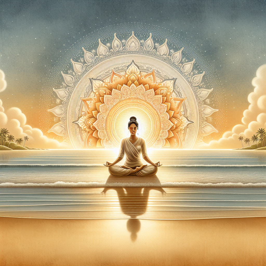 A serene image of a person meditating at sunrise on a quiet beach, symbolizing the beginning of a journey towards inner peace and mindfulness.