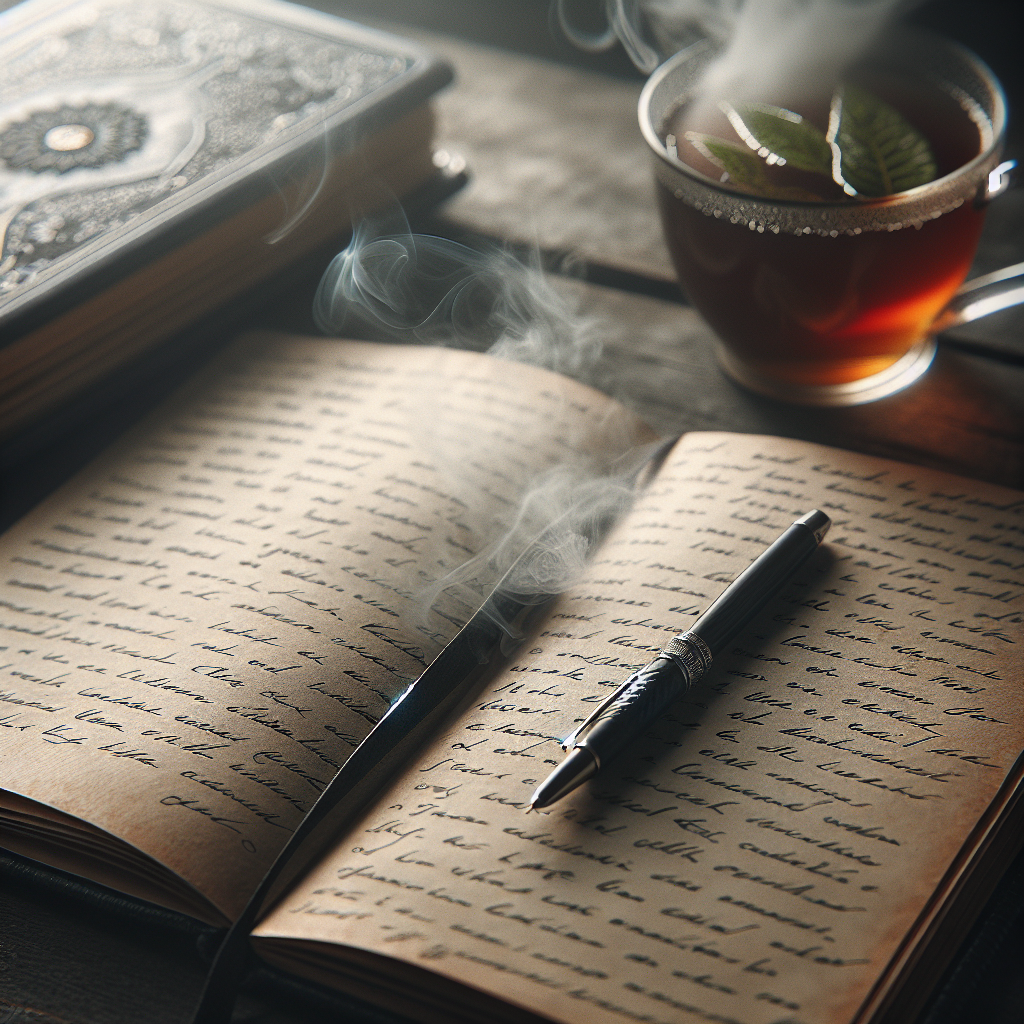 A close-up shot of an open journal with handwritten notes, a pen lying across the pages, and a cozy cup of herbal tea nearby. The setting suggests a tranquil and reflective atmosphere perfect for personal exploration.