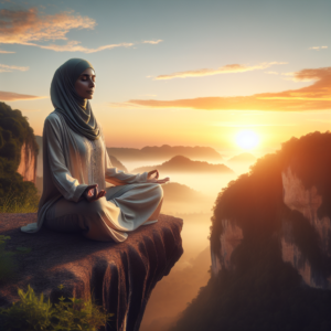 A serene scene of an individual meditating on a cliff overlooking a sunrise, symbolizing the peace and clarity gained through mindfulness.