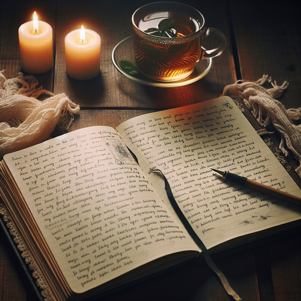 An open journal with a handwritten entry, accompanied by a steaming cup of tea and a lit candle, set on a wooden table, highlighting the reflective and personal nature of journaling.