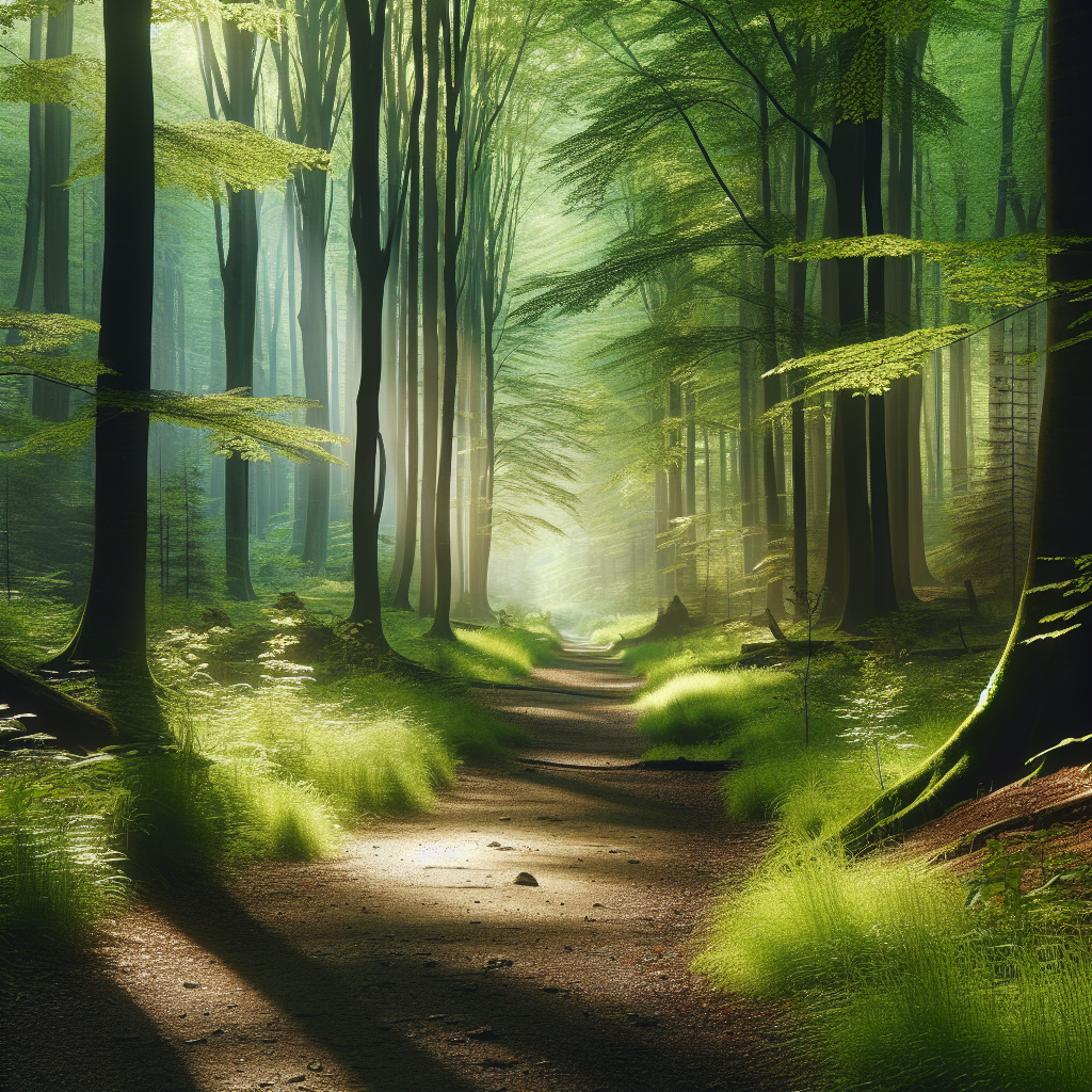 A lush forest path with light filtering through the trees, evoking the sense of tranquility and connection with nature that helps in tuning into one's inner voice.
