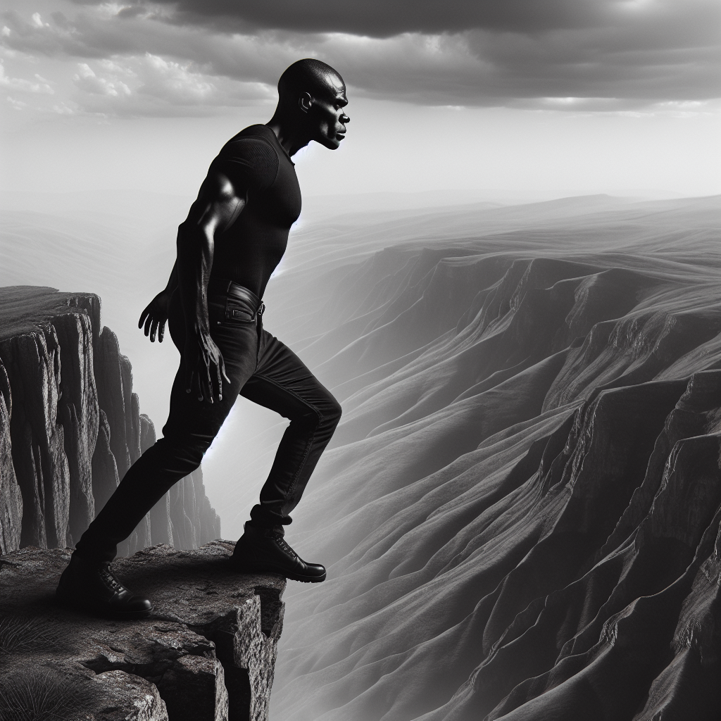 A person standing on the edge of a cliff, overlooking a vast, windy landscape with an expression of determination and bravery on their face, symbolizing the leap of faith required to embrace vulnerability.