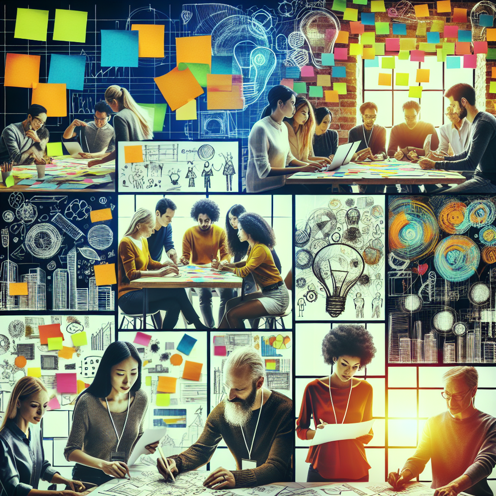 A creative workspace filled with bright post-it notes, sketches, and prototypes, where people are actively brainstorming and collaborating, illustrating the innovation that comes from embracing vulnerability and risk-taking.