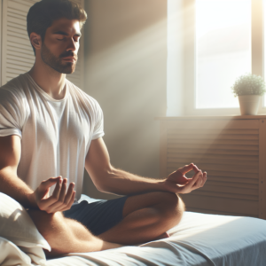 A serene morning scene of a person sitting cross-legged on their bed, eyes closed, taking deep breaths. Soft morning light filters through the window, symbolizing a peaceful start to the day.