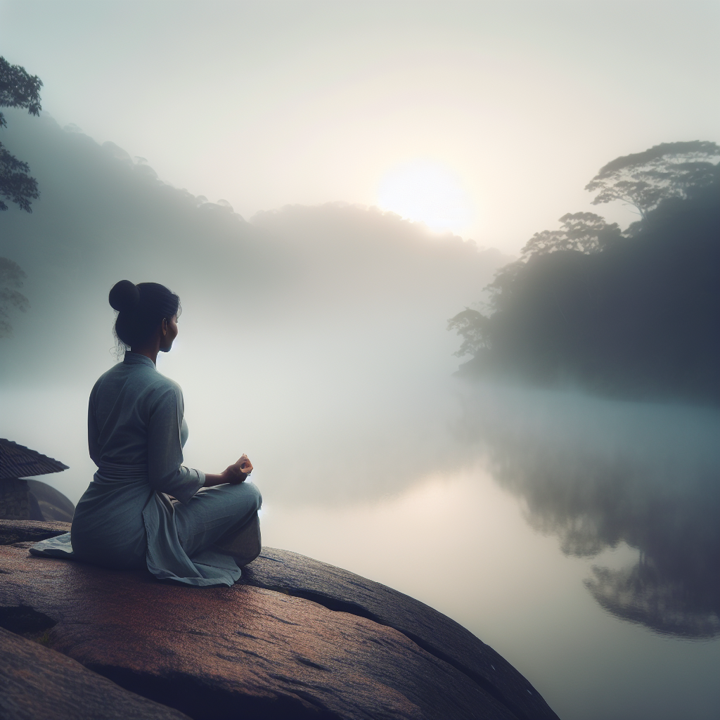A serene image of a person sitting on a rocky outcrop, overlooking a tranquil, fog-covered landscape at dawn. The muted colors and soft light emphasize the theme of mindfulness and finding peace amidst chaos.