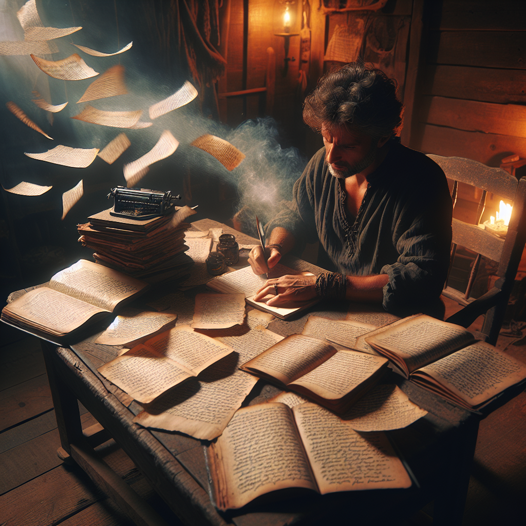 An image of a cozy, dimly lit room with a rustic wooden desk cluttered with open journals and notebooks. A person is seen writing fervently, with pages strewn about, capturing the essence of unfiltered, free-form writing.