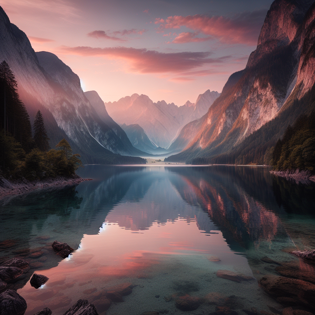 A serene landscape of a calm lake surrounded by mountains at sunrise, reflecting soft pink and orange hues, suggesting peace and tranquility as stress dissipates.