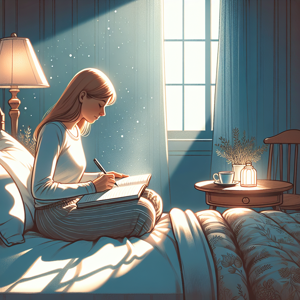 A cozy bedroom with dim lighting where a person is seen writing in a gratitude journal on the bedside table, indicating the peaceful practice before a restful night's sleep.