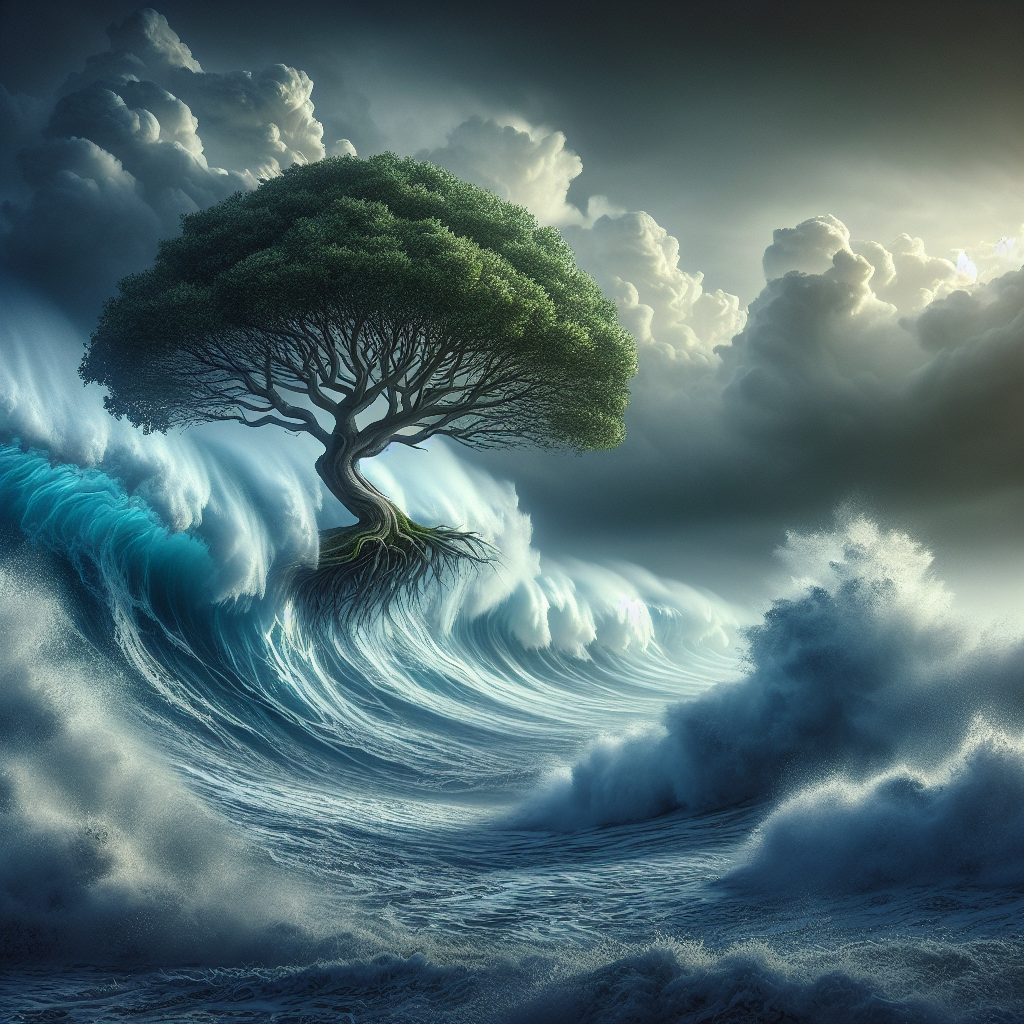 A resilient tree standing tall in the middle of a stormy sea, symbolizing the strength and emotional resilience cultivated through gratitude.