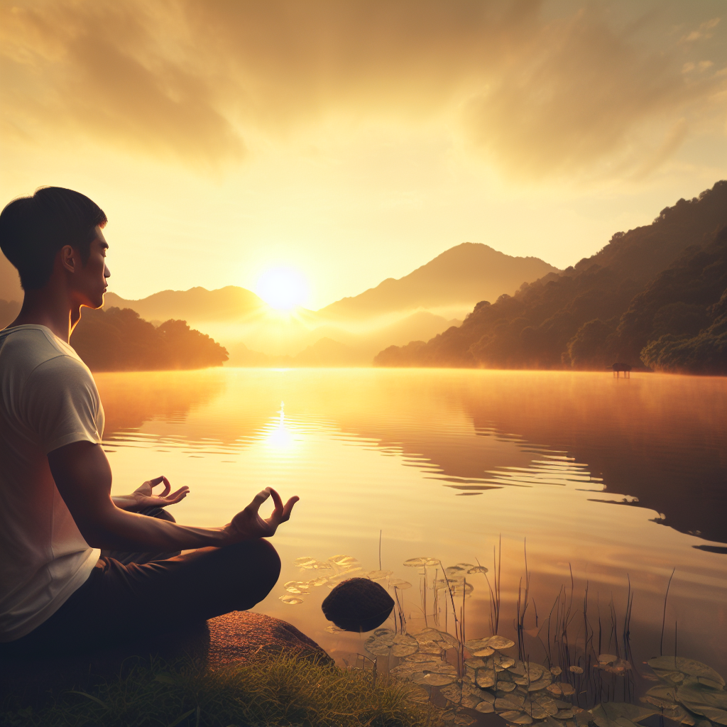 Person meditating by a lake