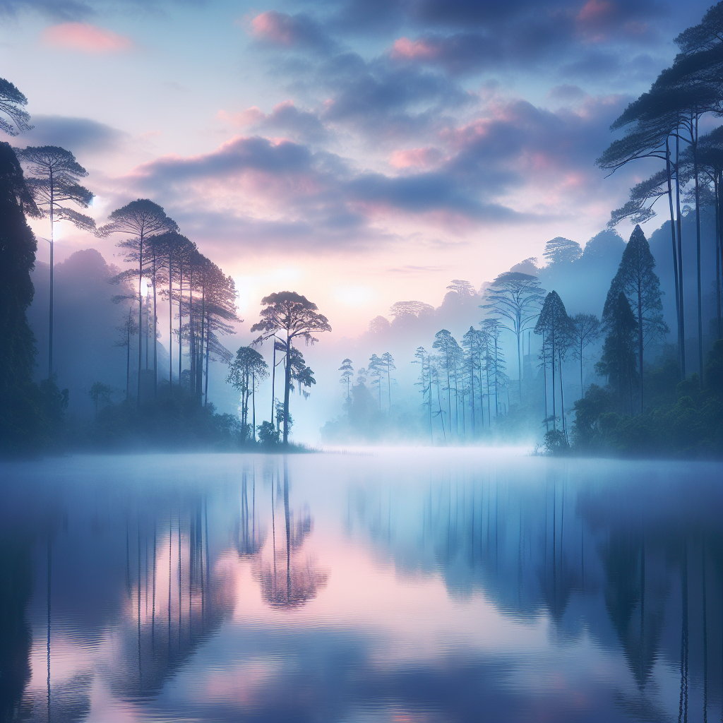 A serene landscape featuring a calm, mist-covered lake surrounded by tall trees at dawn.