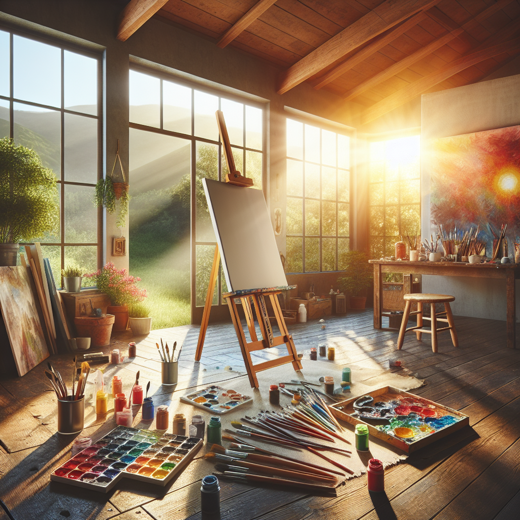 An artist's studio bathed in natural light, with a blank canvas and an assortment of colorful paints and brushes.