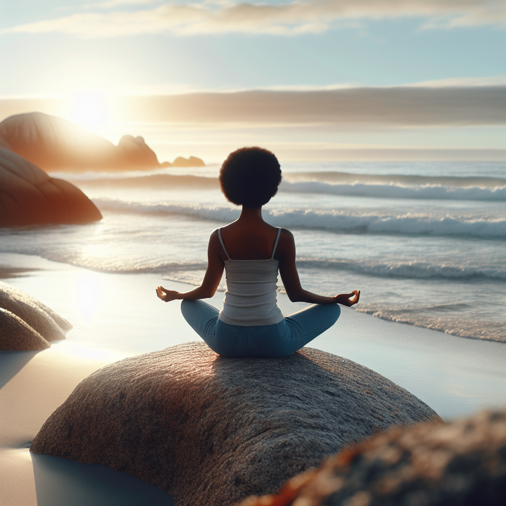 A person sitting cross-legged on a large rock by the sea, gazing thoughtfully at the horizon as the waves gently lap against the shore.
