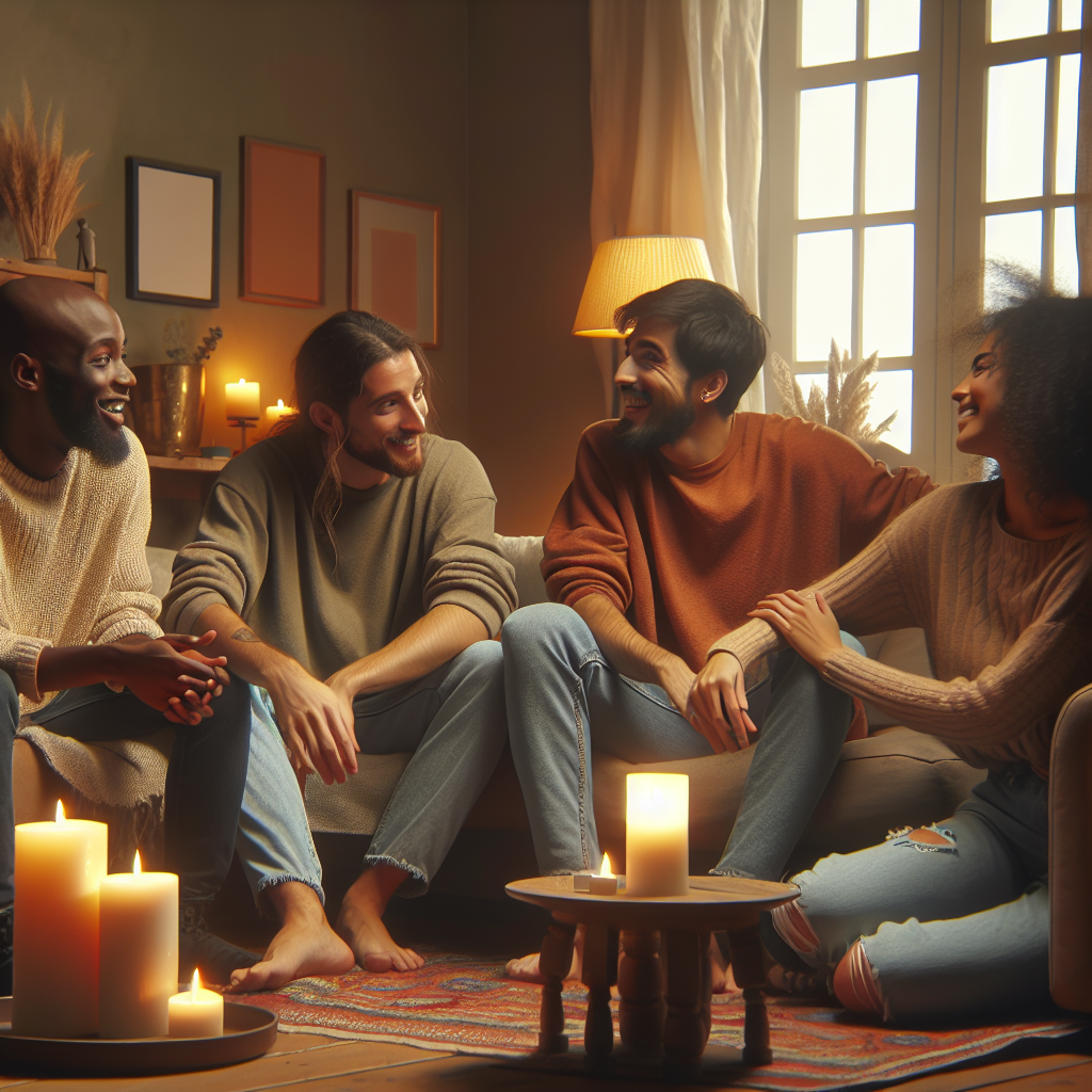 Group of friends supporting each other in a cozy living room