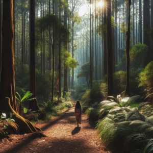 A serene forest path surrounded by towering trees with sunlight filtering through the leaves. The ground is covered with a carpet of fallen leaves, and a person is seen walking slowly, enjoying the tranquility.