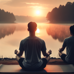 A peaceful sunrise scene with a person sitting cross-legged on a yoga mat by a serene lake, engaging in meditation. The soft morning light reflects off the water, enhancing the tranquil atmosphere.