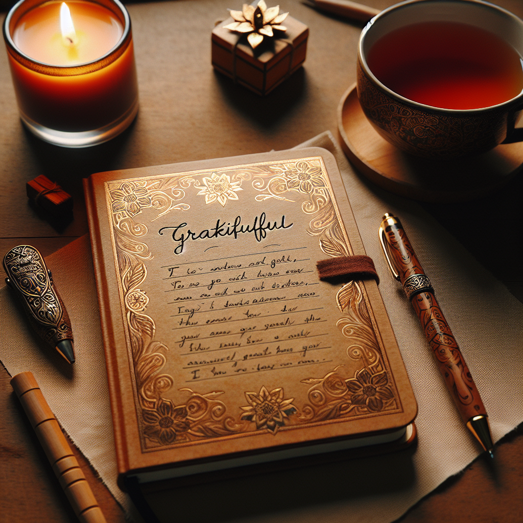 A cozy flat lay of a gratitude journal with a beautiful cover, surrounded by a cup of tea, a pen, and a candle on a wooden table. The journal is open, displaying a neatly written entry expressing gratitude.