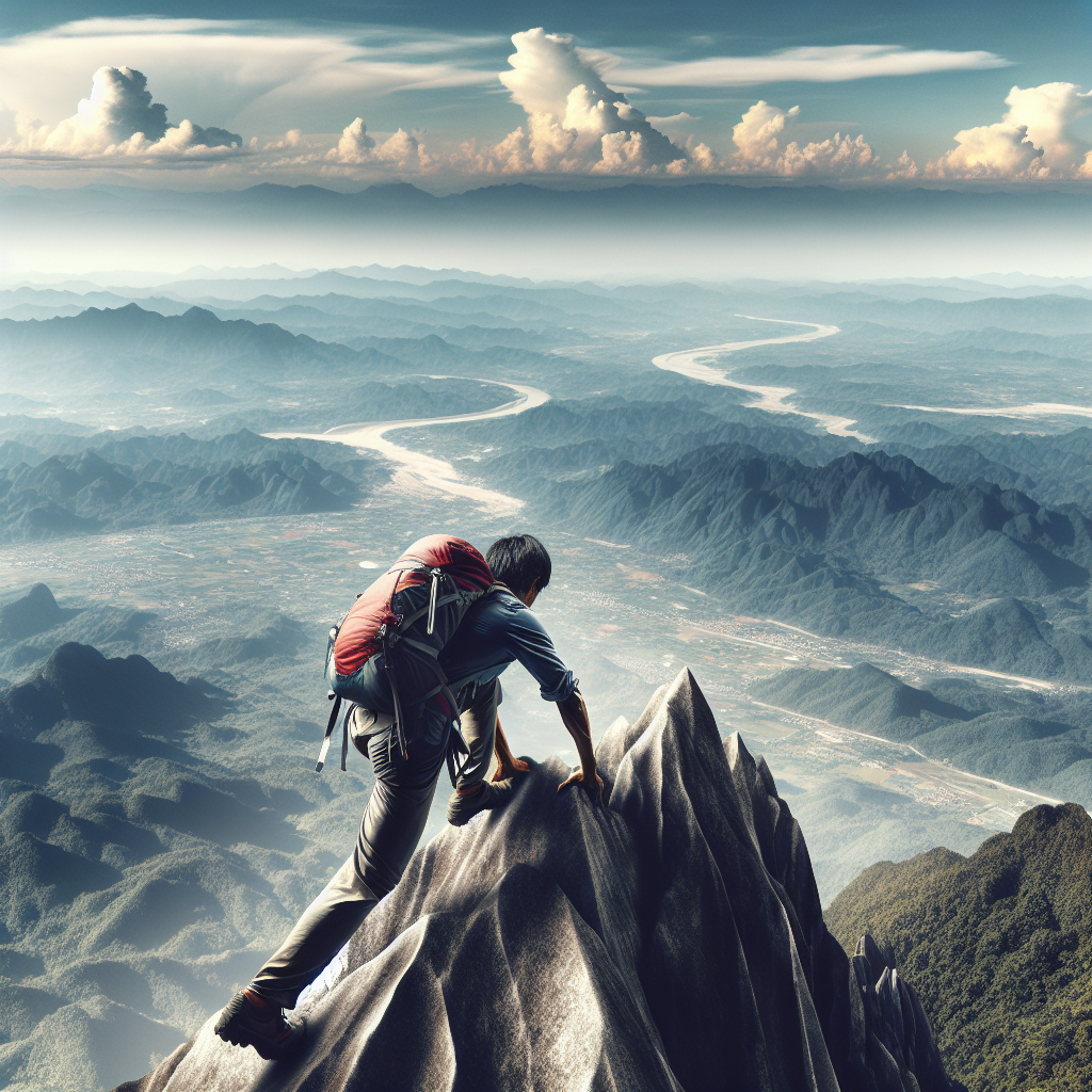 An image of a mountain climber ascending a steep peak