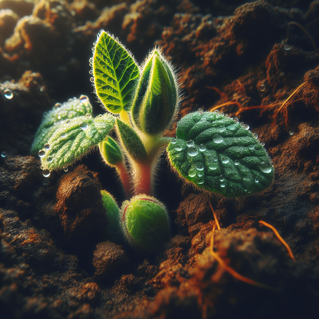 A close-up shot of a young plant sprouting from the soil