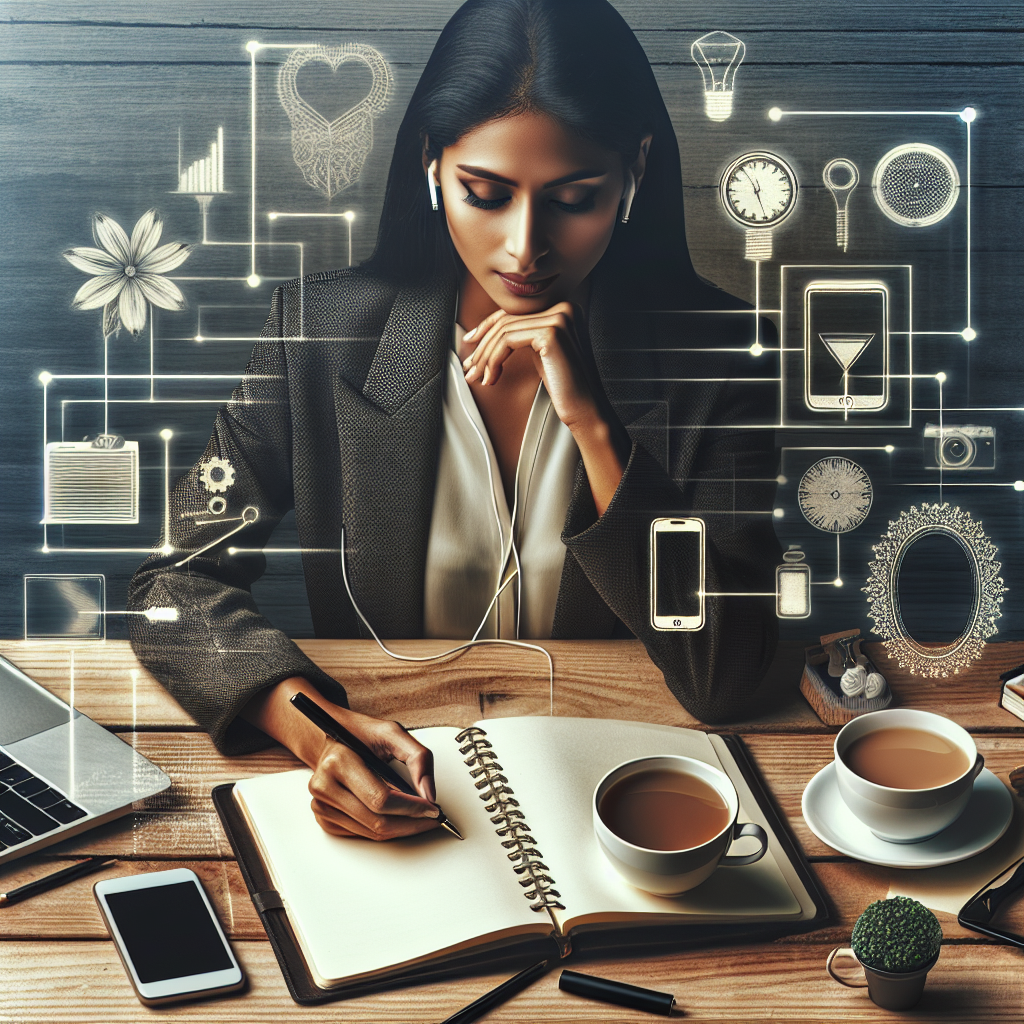 An image of a serene and organized workspace with a notebook, pen, and a cup of tea, with a phone and laptop deliberately set aside, symbolizing a digital detox. The person in the image is deeply engrossed in writing or working, illustrating enhanced concentration and productivity.