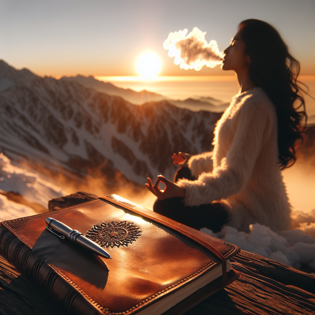 A serene image of a person meditating at sunrise on a mountain, with a journal and pen beside them, symbolizing introspection and clarity.