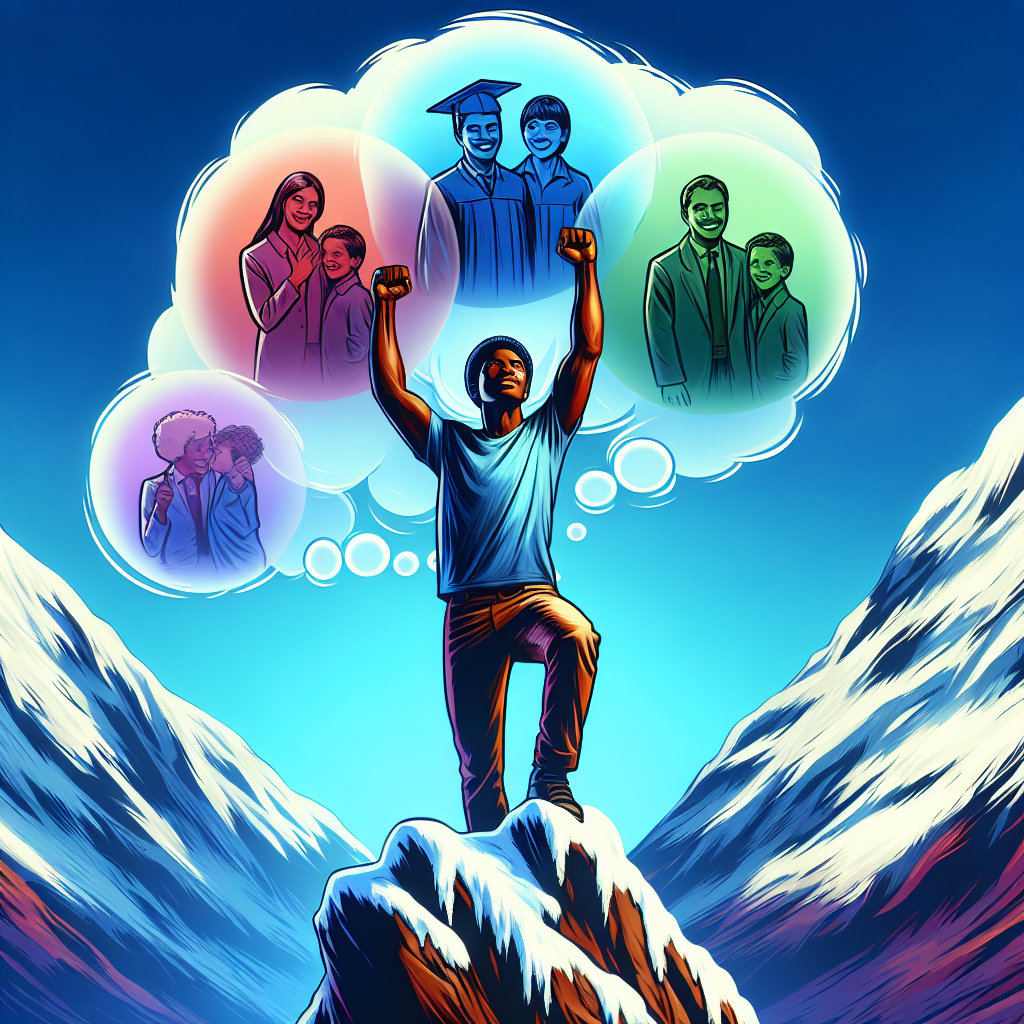 A vibrant illustration of a person standing at the top of a mountain, arms raised in triumph, with a translucent vision of their goals in the background, highlighting the power of visualization.