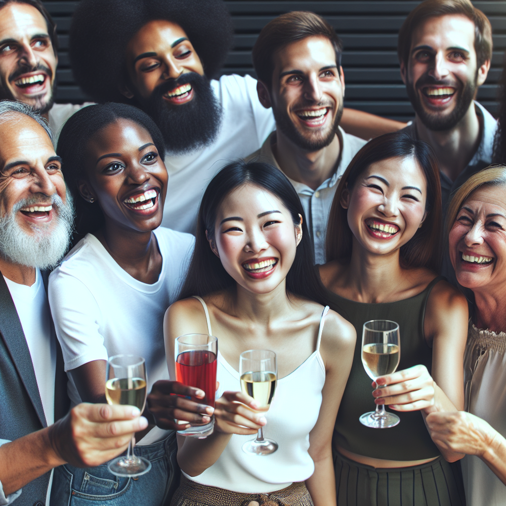 A joyous scene of a group of friends raising glasses in a toast, with one individual beaming proudly, representing the importance of celebrating achievements together.