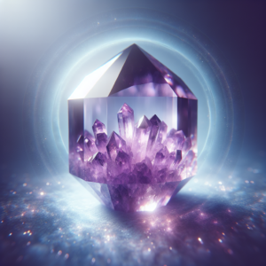 A close-up shot of a radiant amethyst crystal, its purple hues catching the light, surrounded by soft, ethereal glowing mist to signify its calming and protective energy.