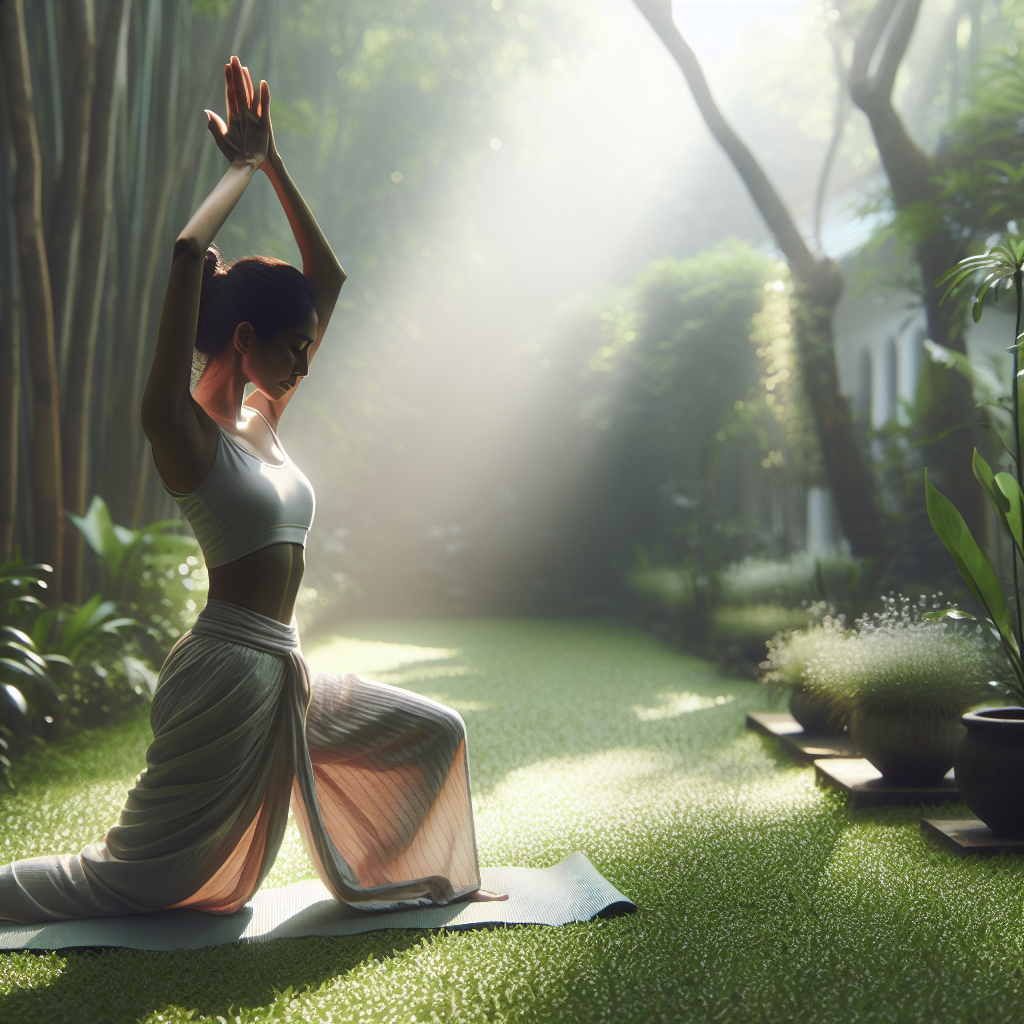 An inspiring photo of a woman performing sun salutations in a peaceful garden. The soft morning light filters through the trees, creating a tranquil atmosphere that enhances the practice of gentle stretching.