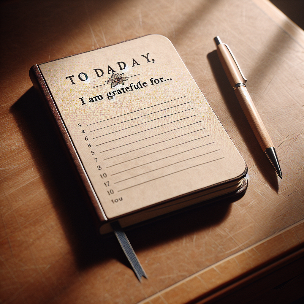 A close-up shot of a gratitude journal lying on a wooden bedside table. The journal's page has 'Today, I am grateful for...' written at the top, and a pen is placed next to it, inviting the viewer to reflect and write.