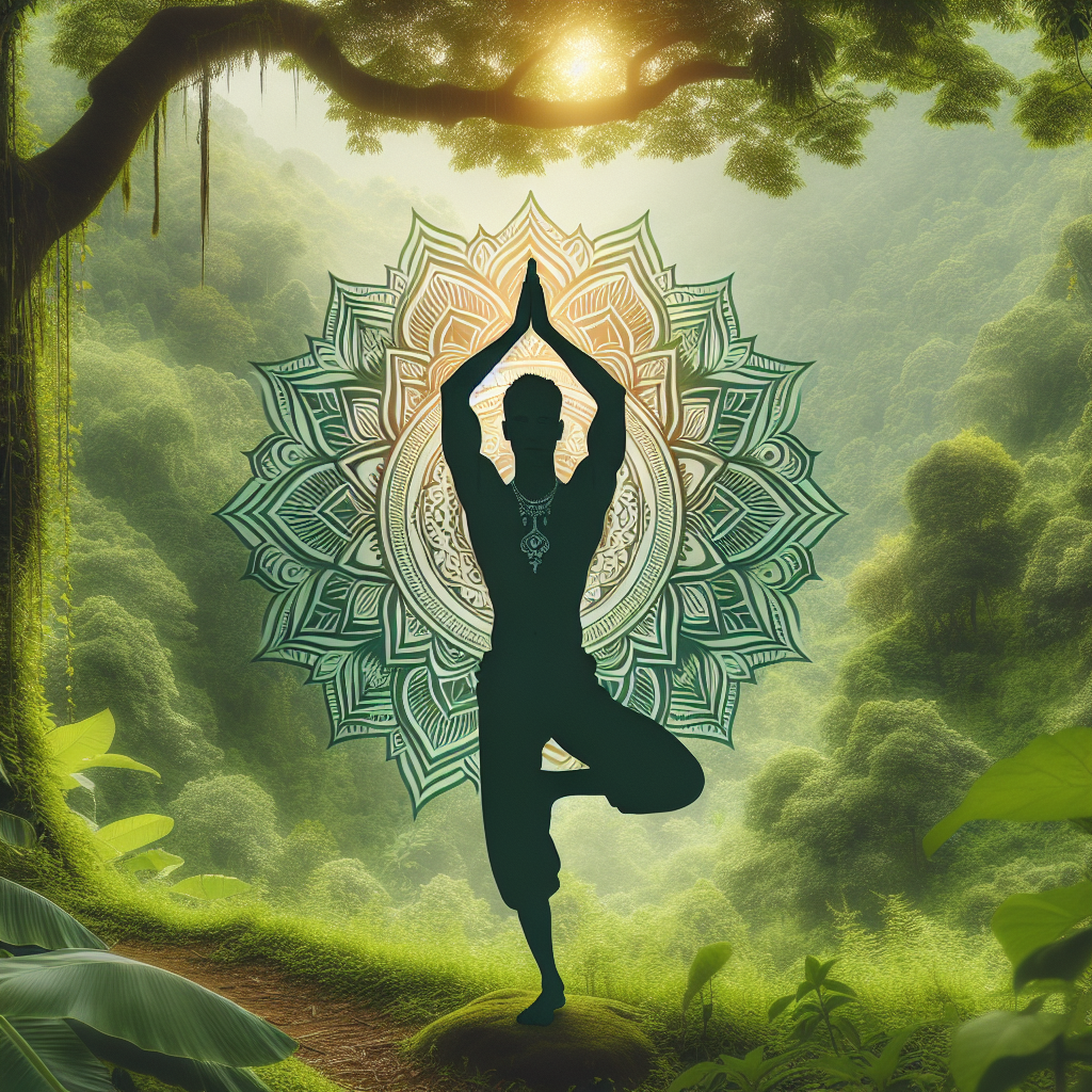 A vibrant photo of a yoga practitioner performing the Tree Pose amidst lush green nature