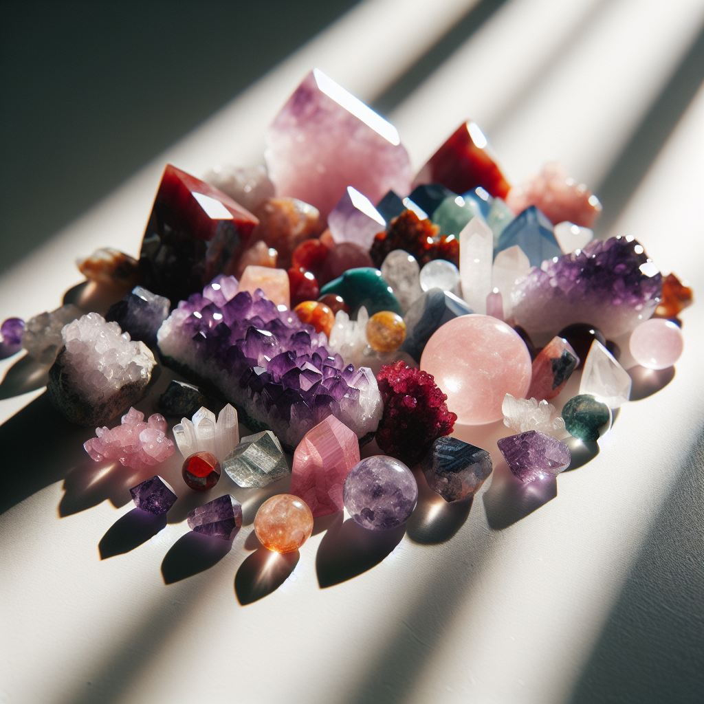 A close-up shot of various colorful crystals like Amethyst, Red Jasper, and Clear Quartz