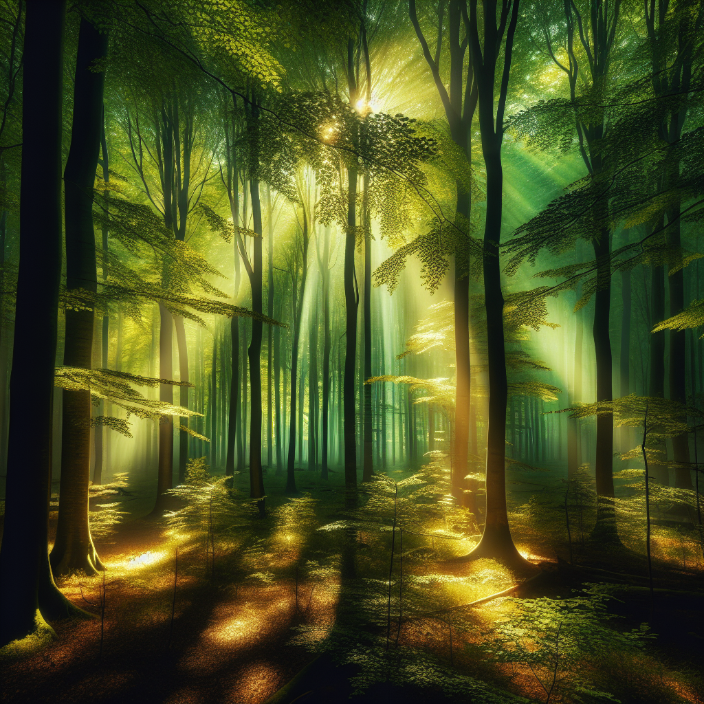 A serene forest with sunlight filtering through the canopy, creating a tranquil atmosphere perfect for a forest bathing experience.