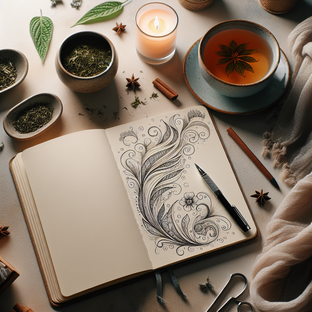 An open notebook with cursive handwriting flowing freely across the pages, surrounded by a calm, serene workspace with a cup of herbal tea and a softly glowing candle.