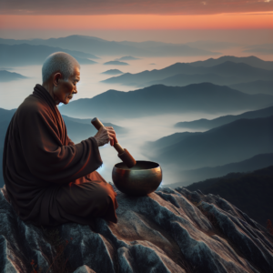 A serene image of a Tibetan monk sitting cross-legged on a mountain ridge at dawn, gently striking a bronze singing bowl with a wooden mallet, with sound waves radiating through the misty morning air.
