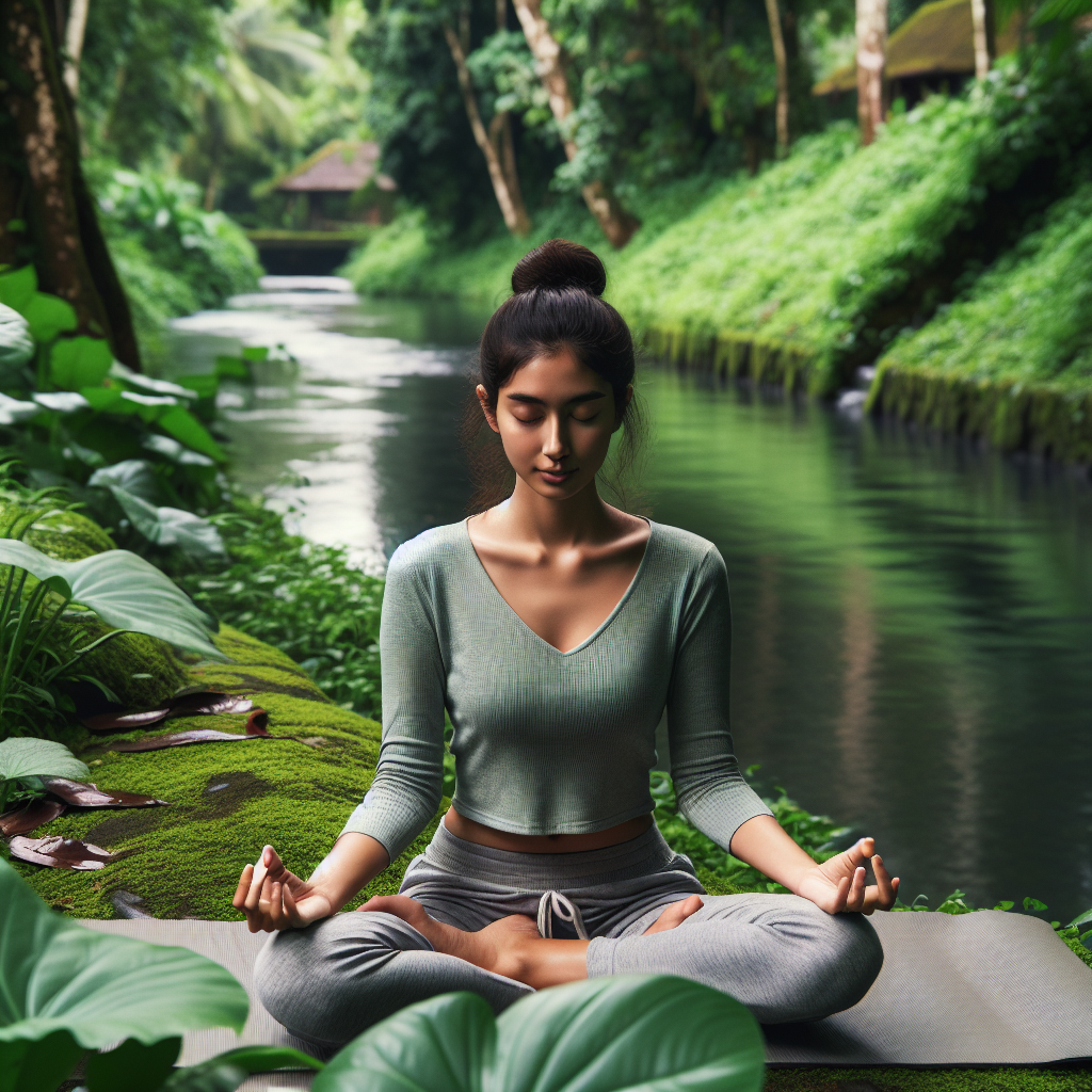 A serene scene of a person practicing deep breathing outdoors, sitting cross-legged on a yoga mat with eyes closed, surrounded by nature. The background includes lush greenery and a calm river, enhancing the sense of tranquility and presence.