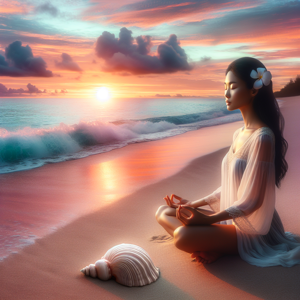 An ethereal image of a person visualizing a peaceful beach setting. The scene captures the individual with eyes closed, sitting on a sandy beach with gentle waves washing onto the shore and a beautiful sunset painting the sky in shades of orange and pink.